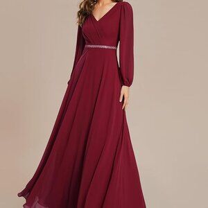 Chiffon Floor Length Evening Dress - Burgundy